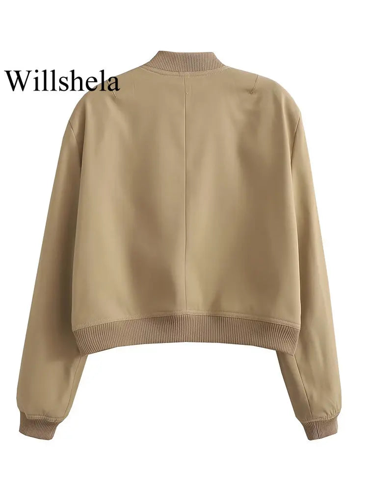 Women's Bomber Jacket – Solid V-Neck Single Breasted Coat with Pockets
