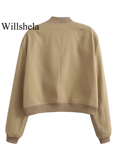 Women's Bomber Jacket – Solid V-Neck Single Breasted Coat with Pockets