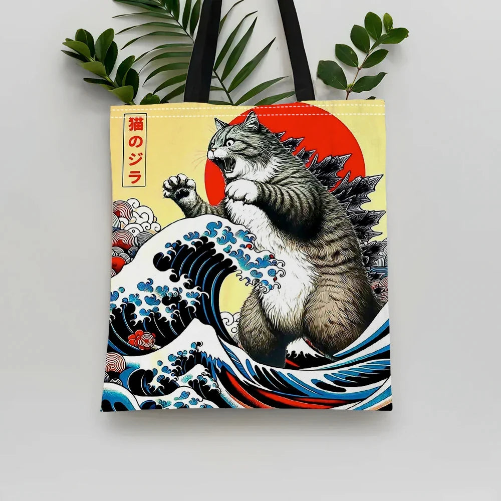 Catzilla Japanese Art Tote Bag – Reusable Canvas Shoulder Bag
