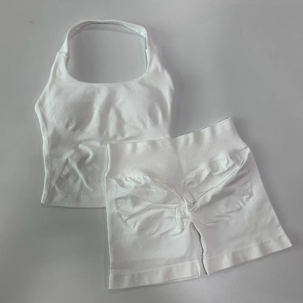 Women's 2-Piece Seamless Workout Set – Backless Tank Top & Scrunch Shorts