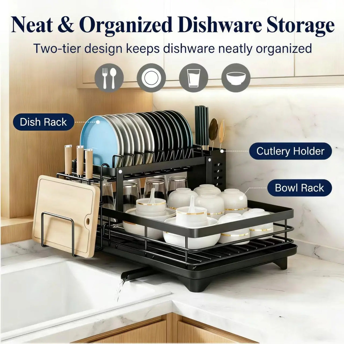 2-Tier Dish Drying Rack with Rotatable Drainage Tray & Accessories