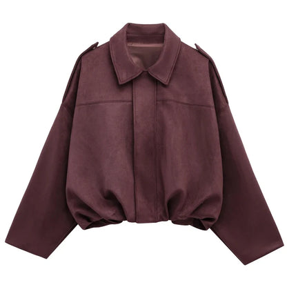 Women's Cropped Suede Bomber Jacket – Lapel Zip Racing Coat