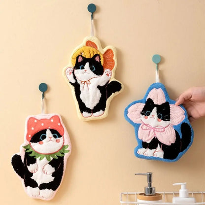 Cute Cat Hand Towel – Coral Fleece Hanging Bathroom Towel
