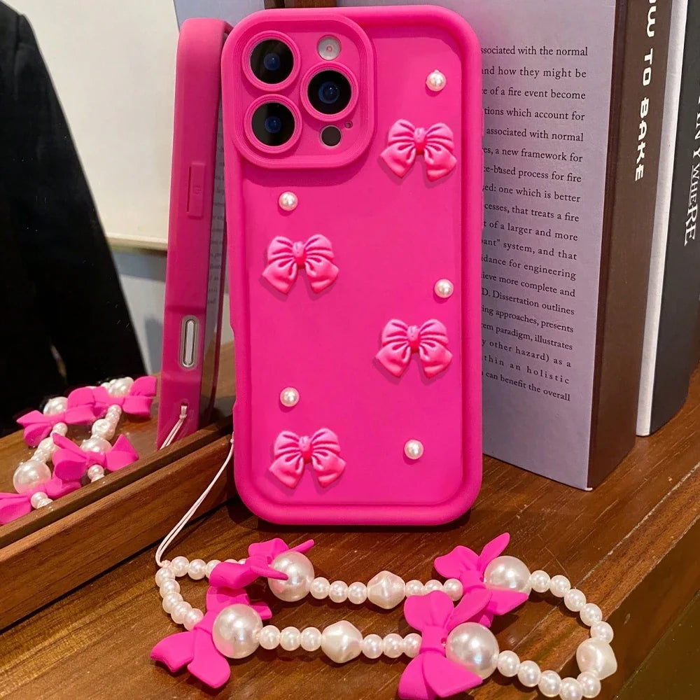 3D Bow Pearl Silicone iPhone Case with Pearl Lanyard