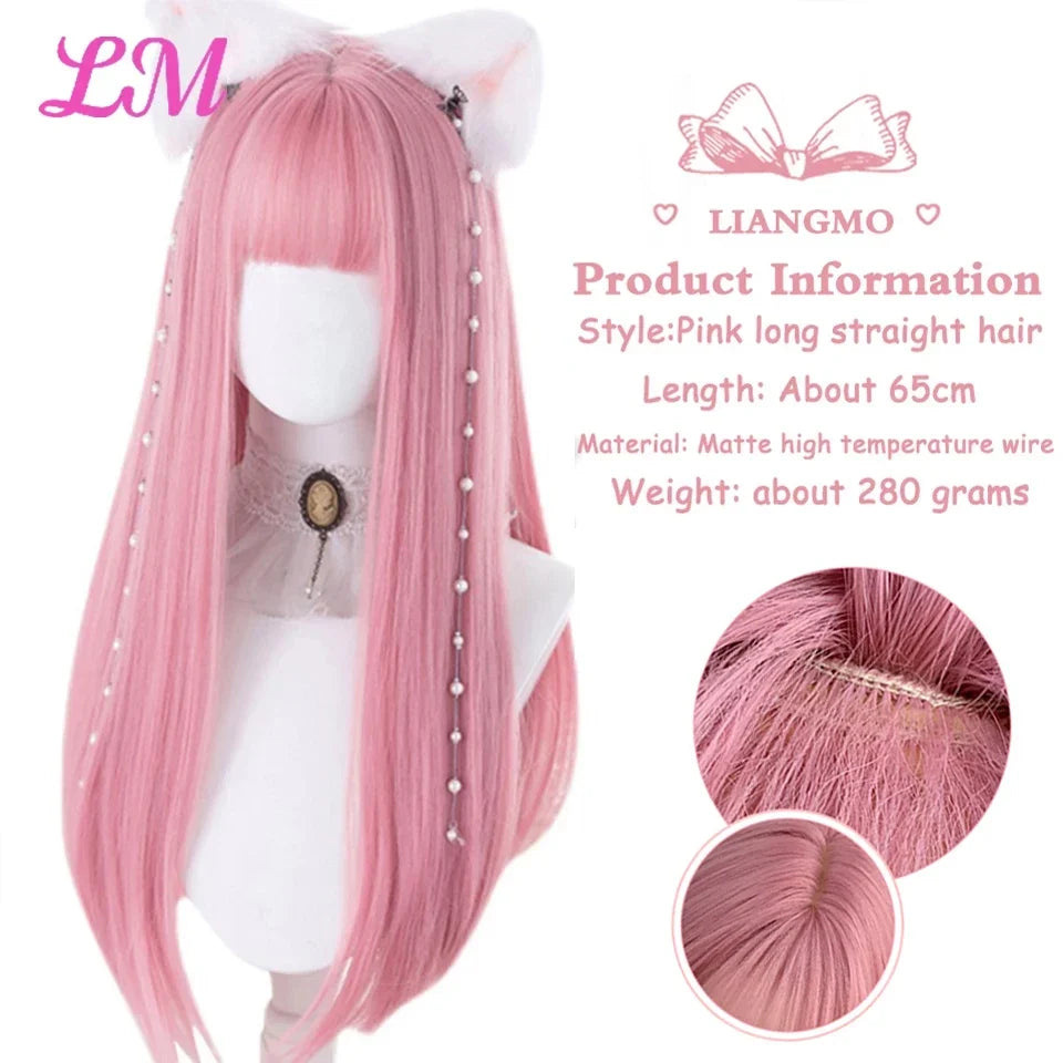 Cosplay Wig with Bangs – Long Straight Synthetic Hair 24 Inch