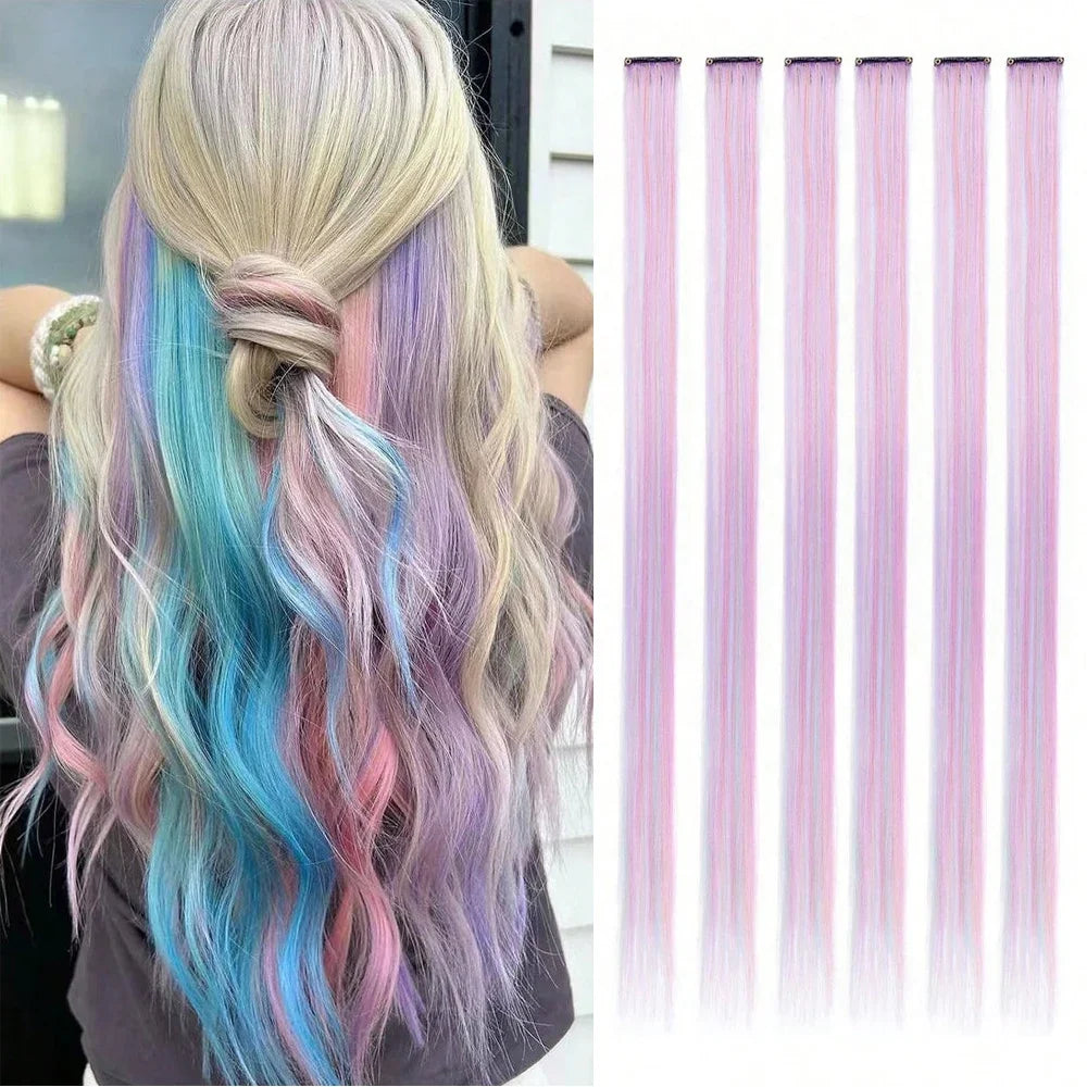 Clip-In Hair Extensions 6pcs – Colorful Highlight Streaks with Tinsel, 22 Inches