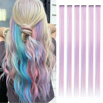 Clip-In Hair Extensions 6pcs – Colorful Highlight Streaks with Tinsel, 22 Inches