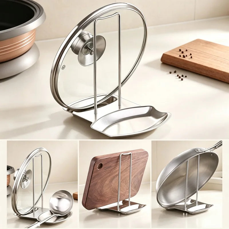 Pot Lid Rack & Spoon Rest – Stainless Steel Multifunctional Kitchen Organizer