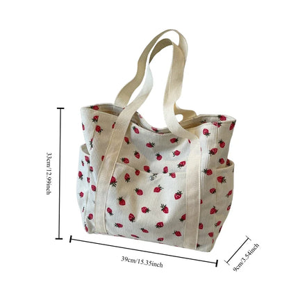 Corduroy Strawberry Print Tote Bag – Cute Shoulder Bag