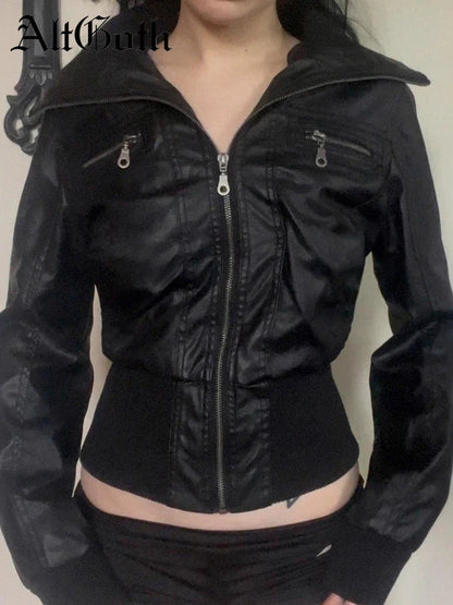Women's Vintage PU Leather Jacket – Alt Grunge Zipper Coat