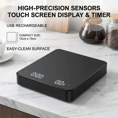 LED Digital Kitchen Scale with Timer – USB, 3kg/0.1g, Espresso Coffee