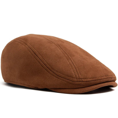 Suede Flat Cap Newsboy Beret – Vintage Winter Hat for Men & Women