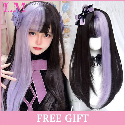 Cosplay Wig with Bangs – Long Straight Synthetic Hair 24 Inch