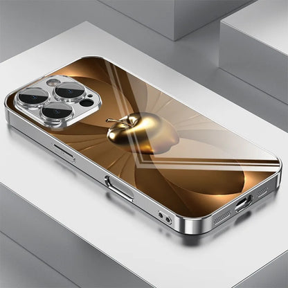 Tempered Glass iPhone Case – 3D Metal Apple Tech Pattern, Electroplated