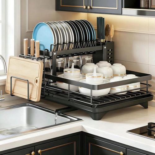 2-Tier Dish Drying Rack with Rotatable Drainage Tray & Accessories