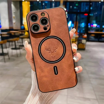Magnetic Deer Head Leather iPhone Case with MagSafe Wireless Charging