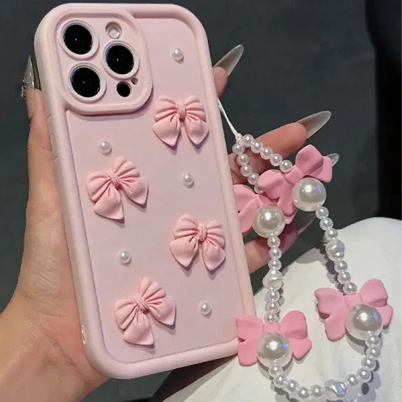 3D Bow Pearl Silicone iPhone Case with Pearl Lanyard
