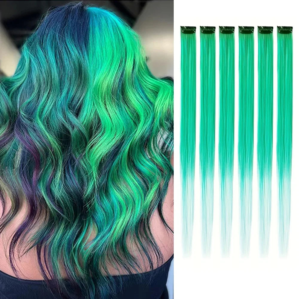 Clip-In Hair Extensions 6pcs – Colorful Highlight Streaks with Tinsel, 22 Inches