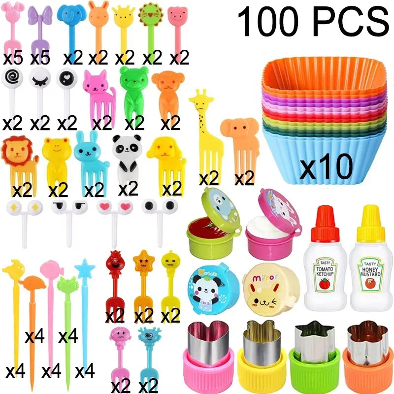 Kids Bento Lunch Box Accessories Set – Animal Food Picks, Silicone Cups & Food Cutters