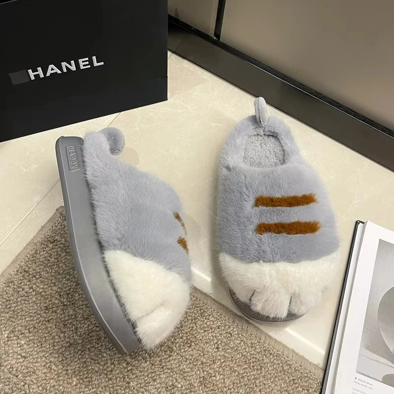 Cat Paw Fuzzy Slippers for Women – Cute Plush Non-Slip House Shoes