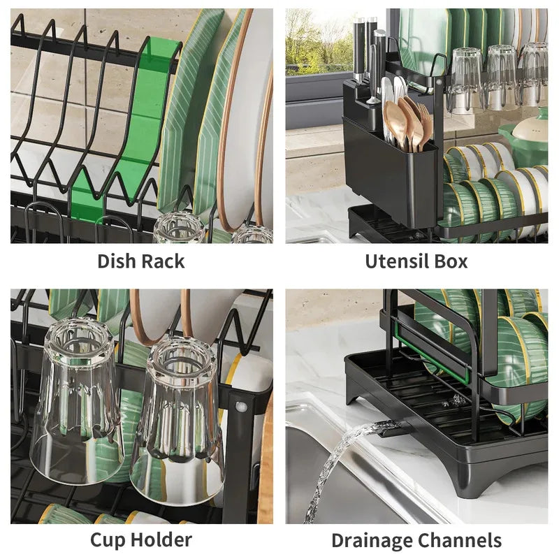 2-Tier Stainless Steel Dish Drying Rack with Drainboard & Utensil Holder