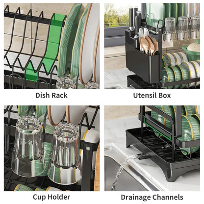 2-Tier Stainless Steel Dish Drying Rack with Drainboard & Utensil Holder