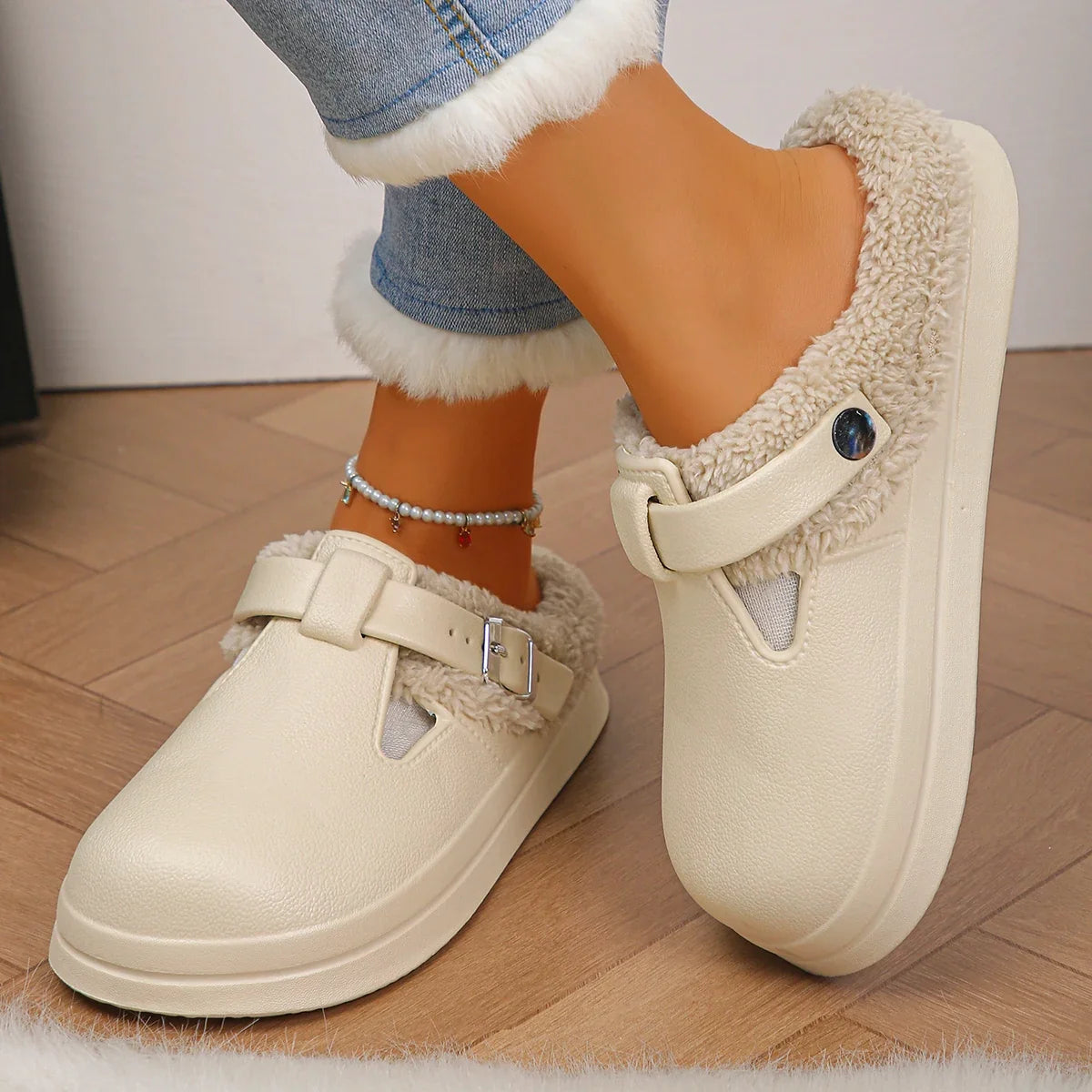 Fluffy Clogs Slippers Women Winter Warm EVA Waterproof Non-Slip