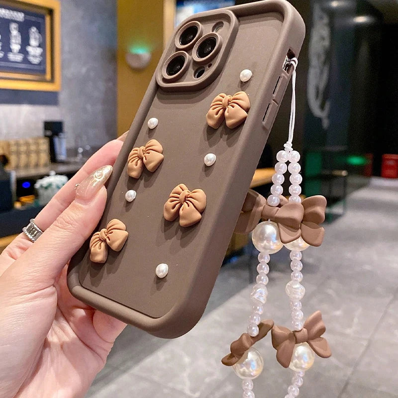 3D Bow Pearl Silicone iPhone Case with Pearl Lanyard