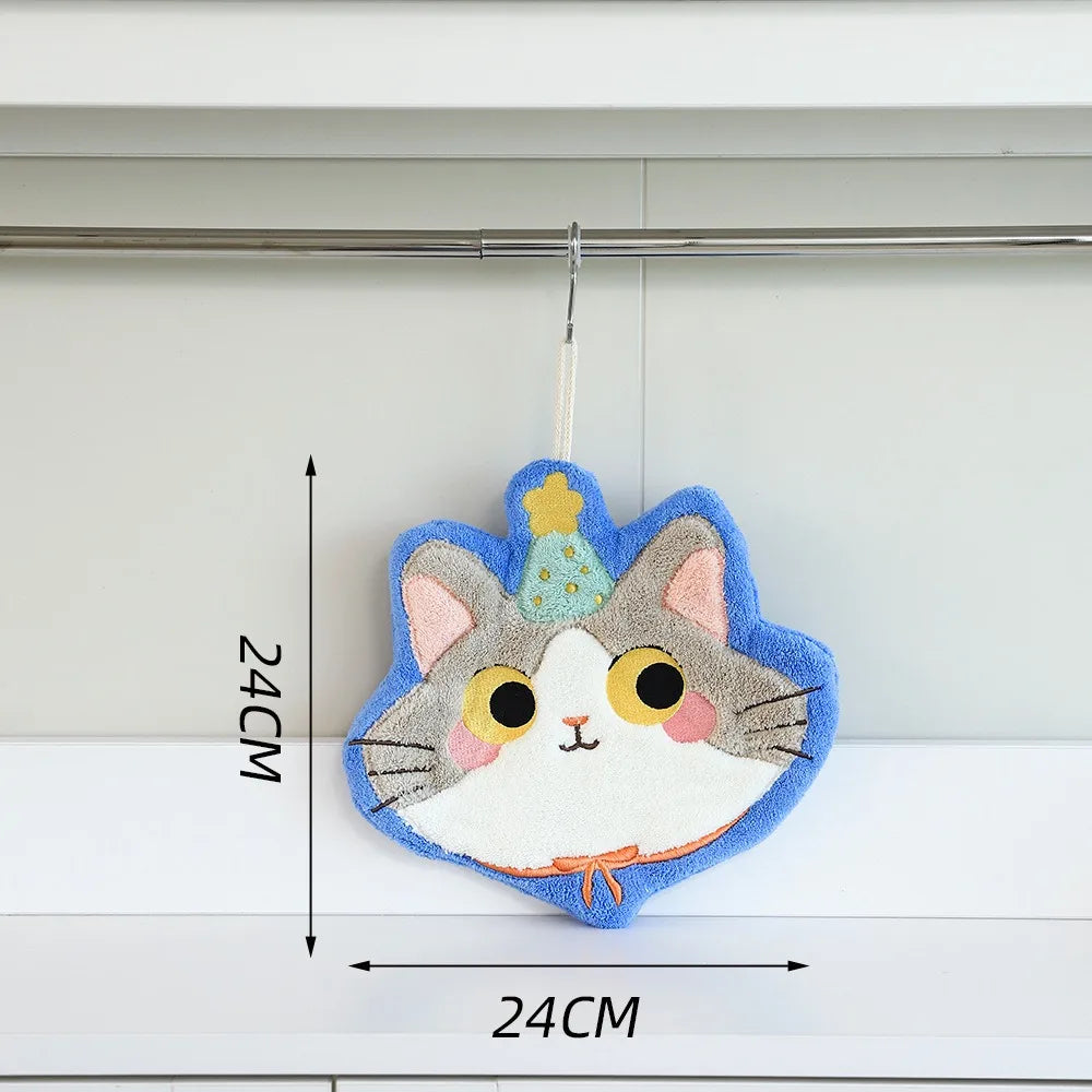 Cute Cat Hand Towel – Coral Fleece Hanging Bathroom Towel