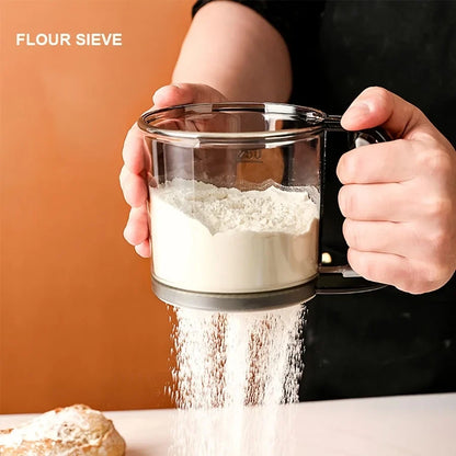 Hand Press Flour Sifter – Semi-Automatic Transparent Baking Sieve with Measurement Markings