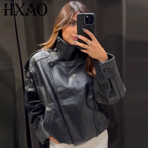 Faux Leather Bomber Jacket Women – Oversized Cropped Zip-Up