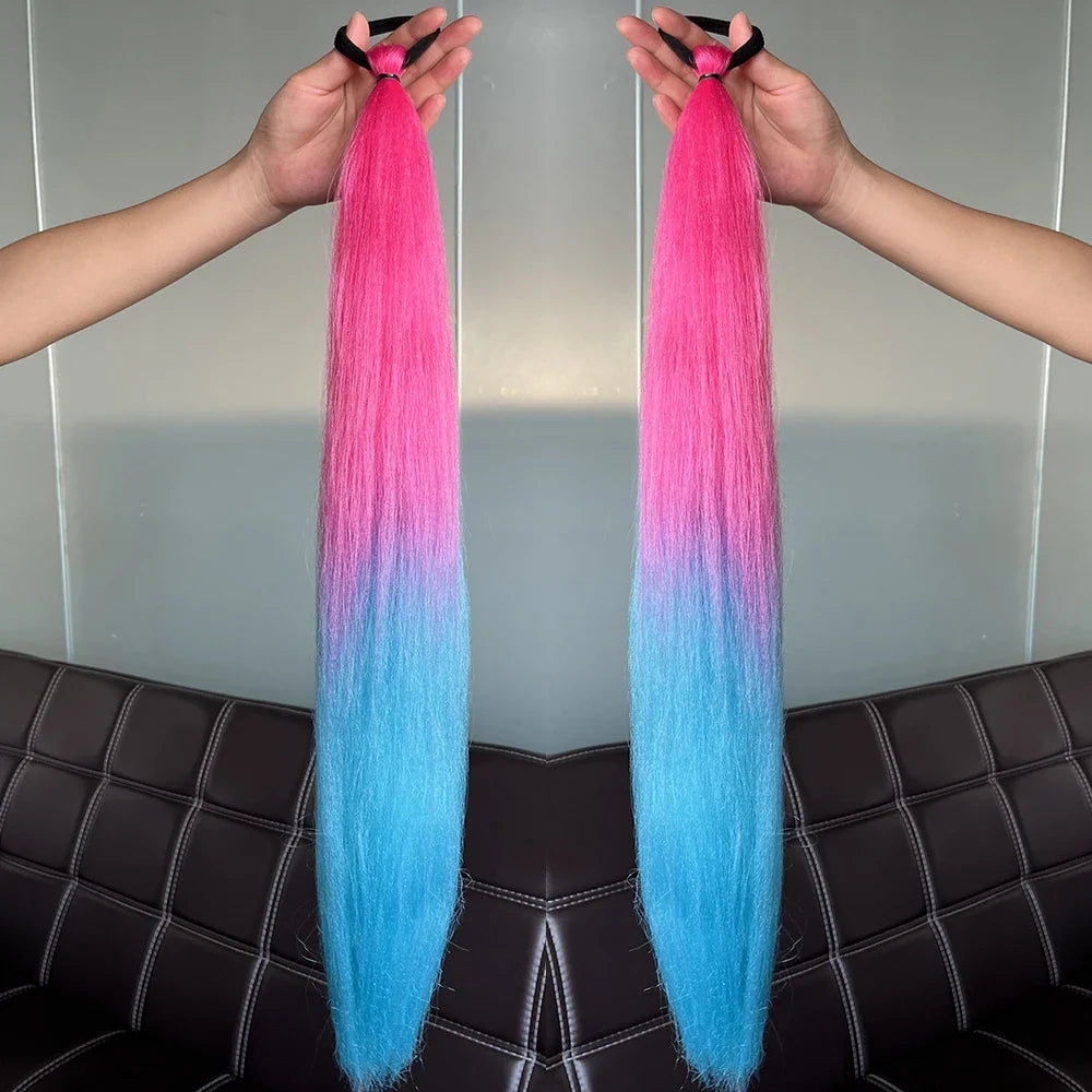 Long Straight Ponytail Extension 2pcs – Synthetic Hair with Rubber Band