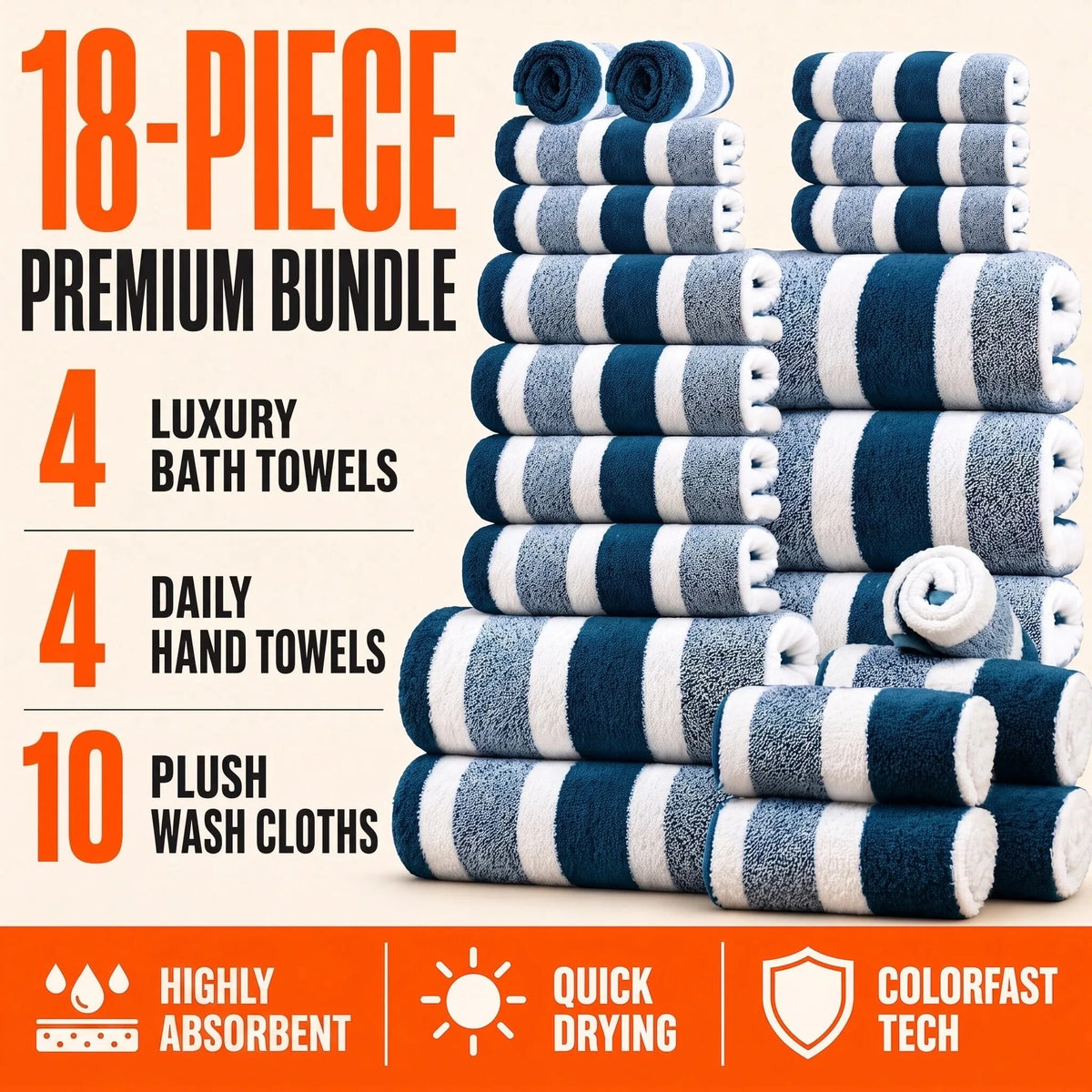 18-Piece Luxury Bath Towel Set – Quick-Dry, Highly Absorbent Striped Towels