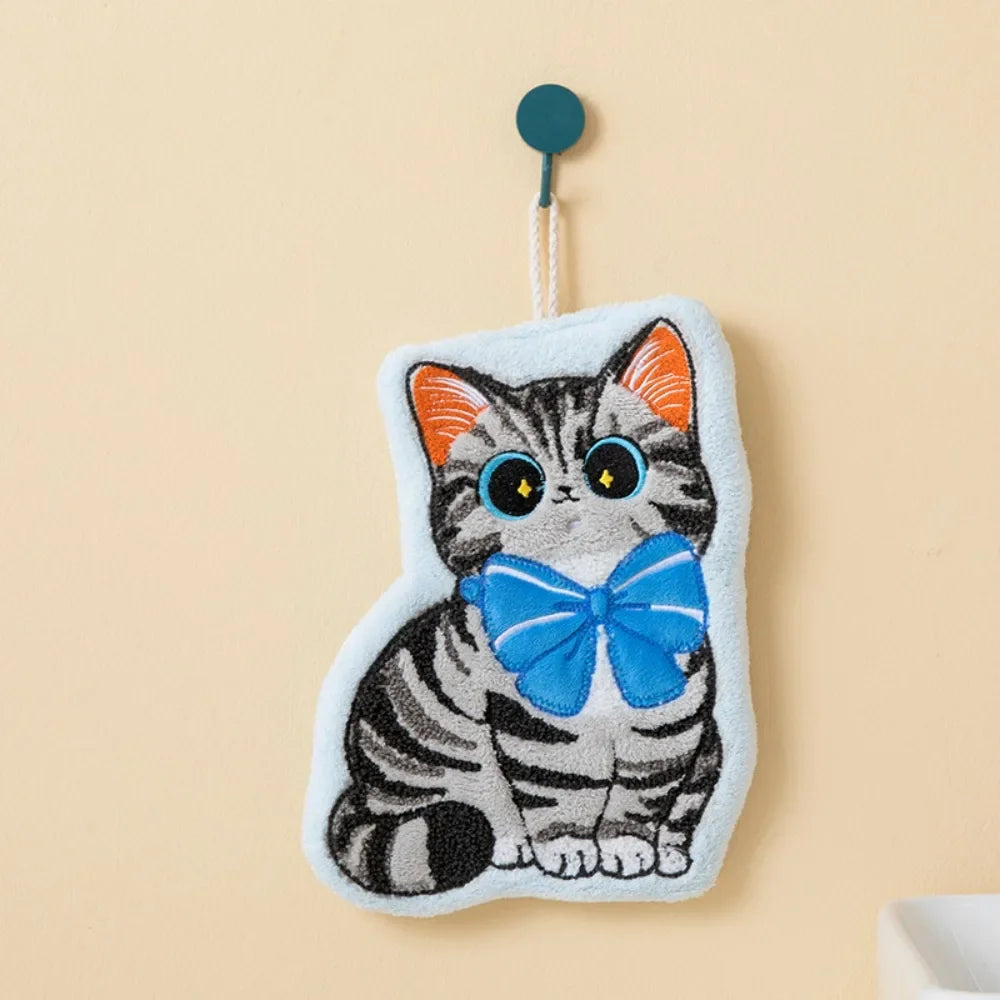 Cute Cat Hand Towel – Coral Fleece Hanging Bathroom Towel