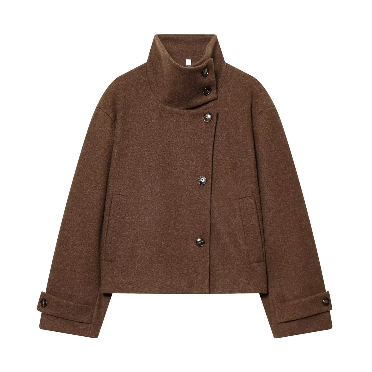 Women's Stand Collar Button Wool Blend Short Coat – Loose Casual Winter Jacket