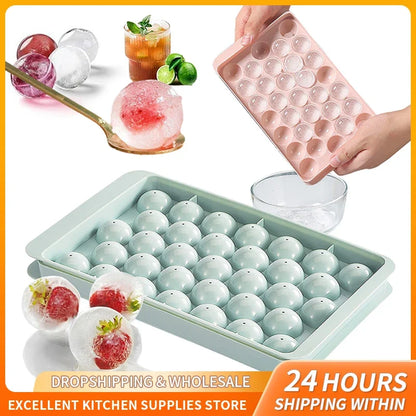 Round Ice Ball Tray 33-Cavity Mold with Lid for Cocktails