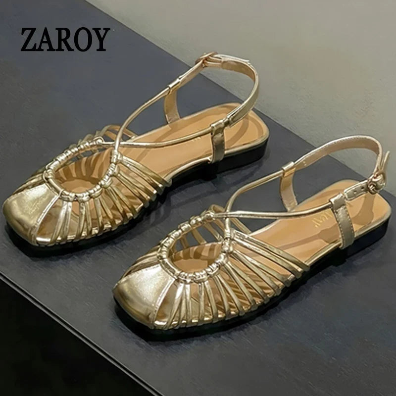 Women's Flat Roman Cage Sandals – Narrow Strap Square Toe
