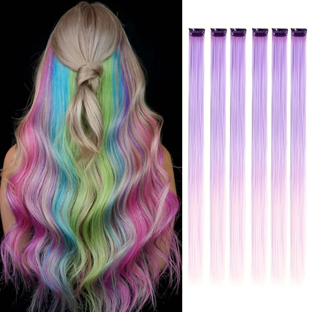 Clip-In Hair Extensions 6pcs – Colorful Highlight Streaks with Tinsel, 22 Inches