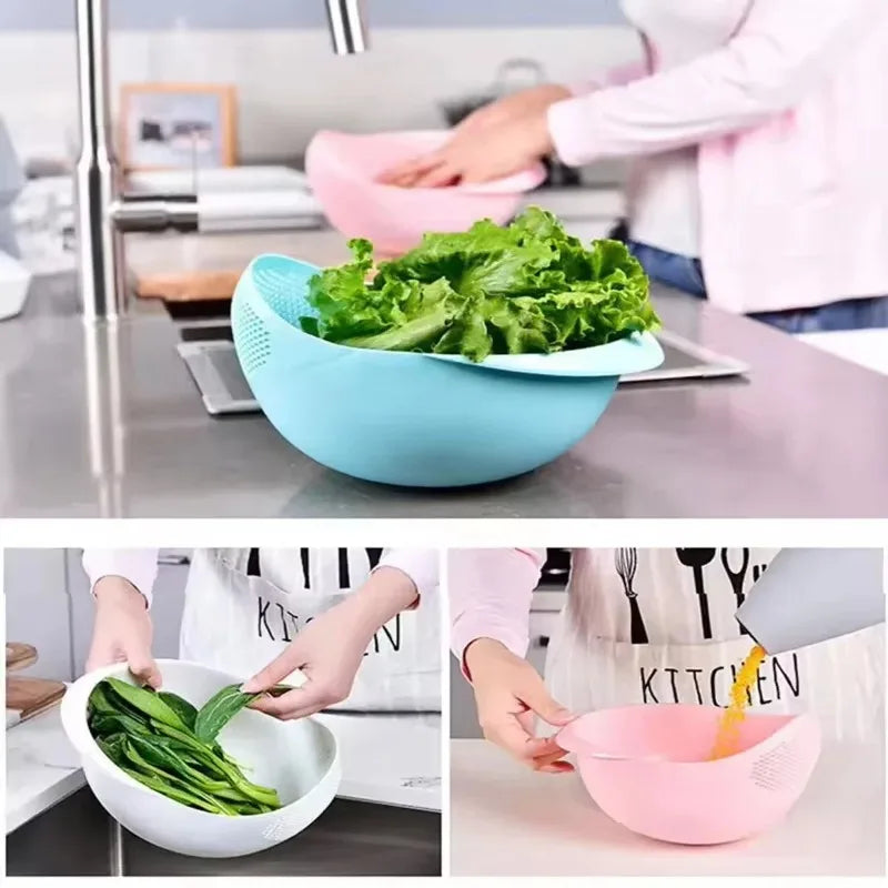 Rice Washing Bowl with Drain Colander – Silicone Strainer Basket for Kitchen