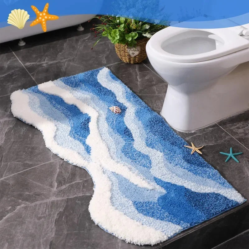 Ocean Wave Tufted Bath Mat – Non-Slip Plush Bathroom Rug