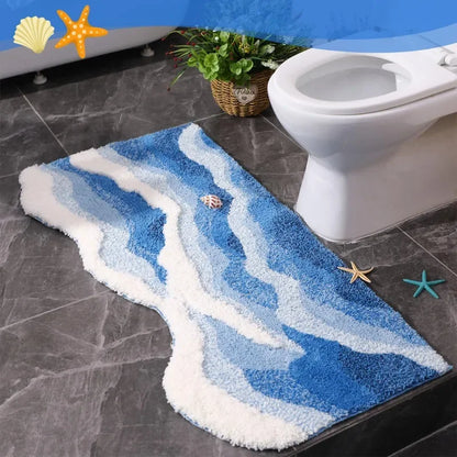 Ocean Wave Tufted Bath Mat – Non-Slip Plush Bathroom Rug