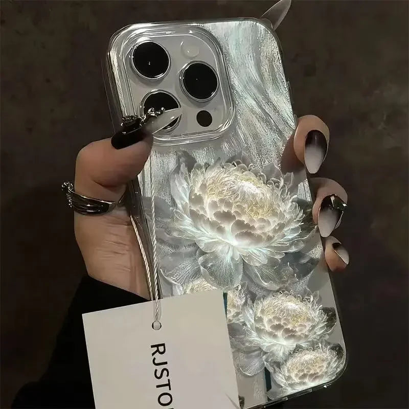 White Lotus Flower Clear iPhone Case with Wrist Strap