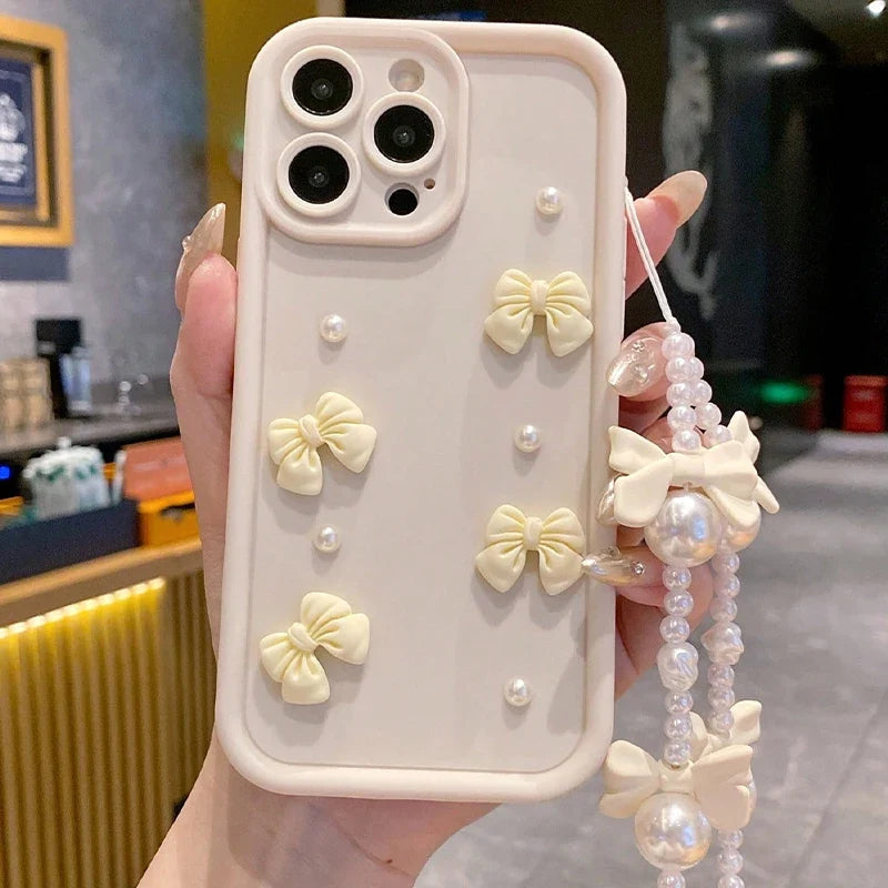 3D Bow Pearl Silicone iPhone Case with Pearl Lanyard