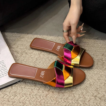 Women's Flat Slide Sandals – Woven Strap Open Toe