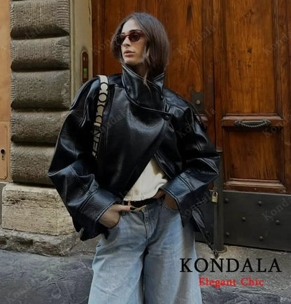Women's Faux Leather Pilot Jacket – Zip-Up Casual Outwear for Fall & Winter