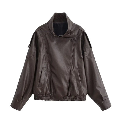 Women's Faux Leather Pilot Jacket – Zip-Up Casual Outwear for Fall & Winter