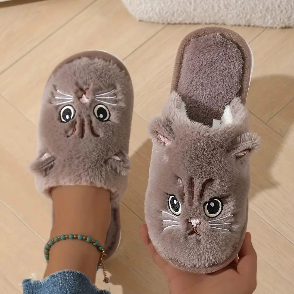 Plush Cat Slippers – Cozy Non-Slip Indoor House Shoes for Women