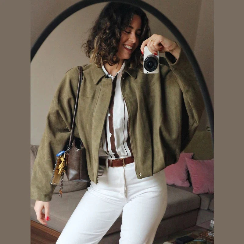 Women's Cropped Suede Bomber Jacket – Lapel Zip Racing Coat