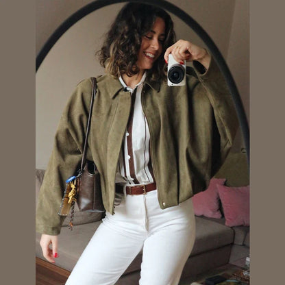 Women's Cropped Suede Bomber Jacket – Lapel Zip Racing Coat