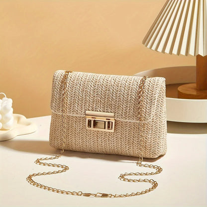 Woven Straw Crossbody Bag with Gold Chain & Lock Closure